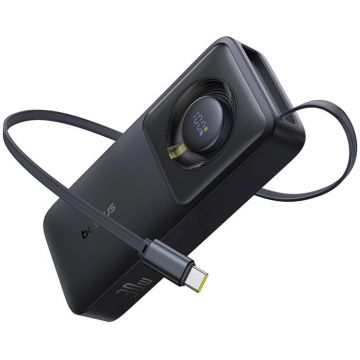 Baterie externa Baseus Free2Pull, 20000 mAh, 1x USB-C, 65 W, Display, Cablu USB-C integrat, Black