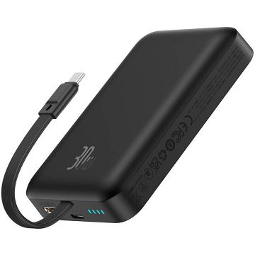 Baterie externa Baseus Magnetic Mini Wireless, 10000 mAh, 2x USB-C, 30 W, MagSafe, Cablu USB-C integrat, Black