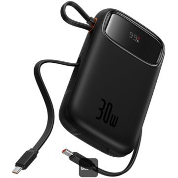 Baterie externa Baseus Qpow2, 10000 mAh, 1x USB, 2x USB-C, 30 W, Display, Cablu USB-C integrat, Black