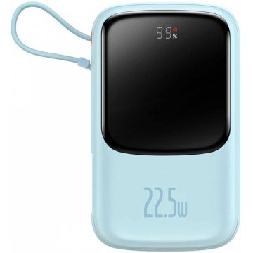 Baterie externa Baseus Qpow2, 20000 mAh, 2x USB-C, 1x Lightning, 22.5 W, Display, Cablu USB-C integrat, Blue