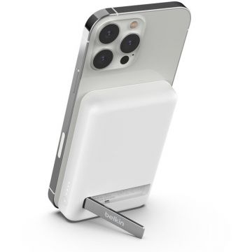Baterie externa Belkin BoostCharge 5000 mAh, Wireless Magnetic, White pentru iPhone 12/13/14/15/16