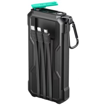 Baterie externa Joyroom 10000 mAh, 1x USB, 1x USB-C, Cablu USB-C & microUSB & Lightning integrat, Black