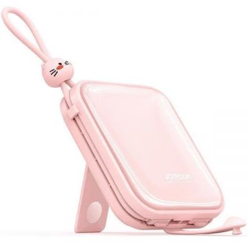 Baterie externa Joyroom Cutie Series 10000 mAh, 1x USB, 1x USB-C, 22.5 W, Cablu USB-C & Lightning integrat, Pink