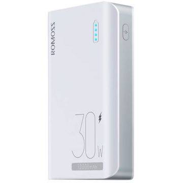 Baterie externa Romoss 10000 mAh, 2x USB, 1x USB-C, 1x microUSB, 1x Lightning, 30 W, White