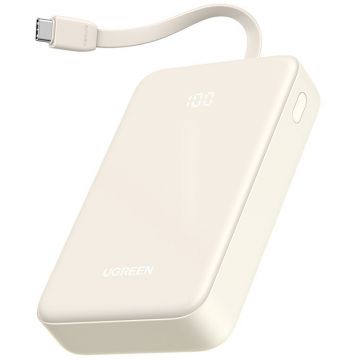 Baterie externa Ugreen 20000 mAh, 1x USB, 1x USB-C, 22.5W, cablu USB-C integrat, Bej