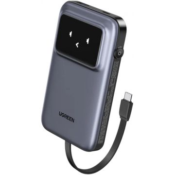 Baterie externa Ugreen PB511, 10000 mAh, 1x USB, 1x USB-C, 30 W, Display, Cablu USB-C integrat, Grey