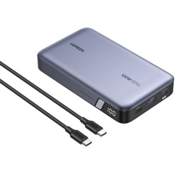 Baterie externa Ugreen PB720, 20000 mAh, 1x USB, 2x USB-C, 100 W, Display, Grey, posibilitate incarcare laptop