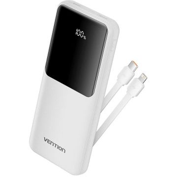 Baterie externa Vention 10000 mAh, 2x USB, 1x USB-C, PD 20W, alb
