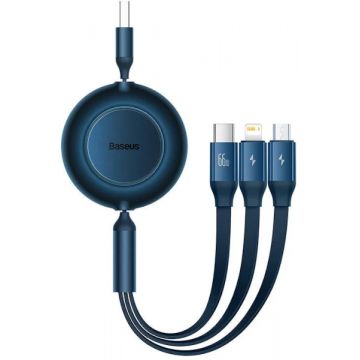 Cablu de date / adaptor Baseus Bright Mirror, USB Male la USB-C Male & MicroUSB Male & Lightning Male, 66 W, Retractabil, 1.1 m, Blue