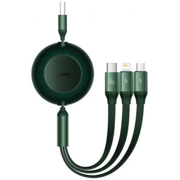 Cablu de date / adaptor Baseus Bright Mirror, USB Male la USB-C Male & MicroUSB Male & Lightning Male, 66 W, Retractabil, 1.1 m, Green