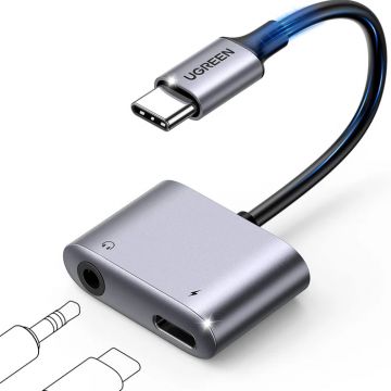 Cablu de date / adaptor Ugreen CM231 Adaptor USB-C Male la Jack 3.5 mm Female + USB-C Female, 0.1 m, Grey