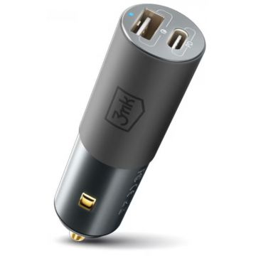 Incarcator auto 3MK HyperCharger, 1x USB-C, 1x USB, 100 W, Grey