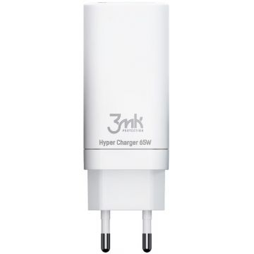 Incarcator retea 3MK HyperCharger, 2x USB-C, 1x USB, Quick Charge 65 W, GaN, White