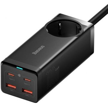Incarcator retea Baseus GaN3 Pro Powerstrip, 2x USB-C, 2x USB, 1x Schuko, Quick Charge 100 W, Black + Cablu USB-C inclus