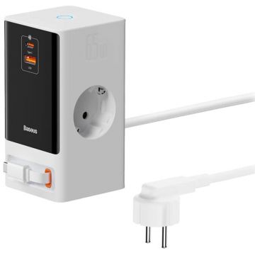 Incarcator retea Baseus PowerCombo Powerstrip, 1x USB-C, 1x USB, 2x Schuko, Quick Charge 65 W, Cablu USB-C integrat, White