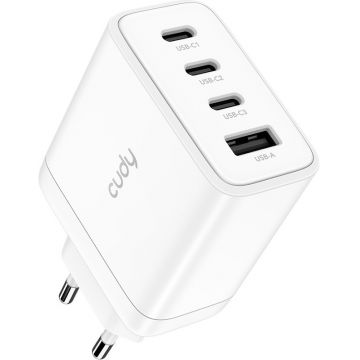 Incarcator retea CUDY CH70, 3x USB-C, 1x USB, Quick Charge 65 W, GaN, White