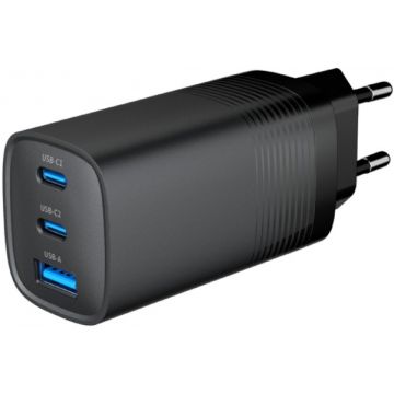 Incarcator retea Gembird TA-UC-PDQC65-01-BK, 2x USB-C, 1x USB, Quick Charge 67 W, GaN, Black