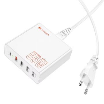 Incarcator retea Lamtech GaN Fast Charge, Power Delivery, 65W, 1x USB-C, 4x USB Quick Charge 3.0, White