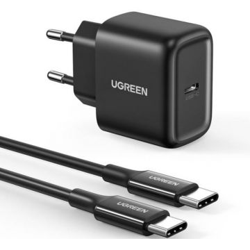 Incarcator retea Ugreen CD250, 1x USB-C, Quick Charge 4.0 25 W, Black + Cablu USB-C 2 m