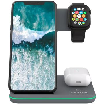 Incarcator wireless Canyon 3-in-1 WS-303, Wireless Qi Fast Charge 15 W Gray