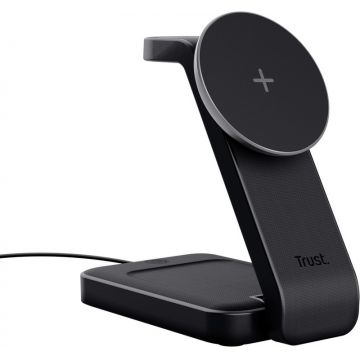 Incarcator wireless Trust 3-in-1, Viro, Wireless Magnetic Charge Stand pentru iPhone, Apple Watch si AirPods, Black