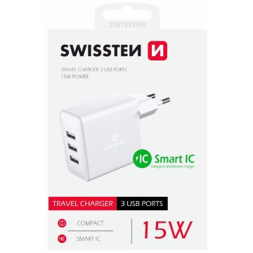 Adaptor de rețea SWISSTEN 3x USB, 15W, SMART IC - white