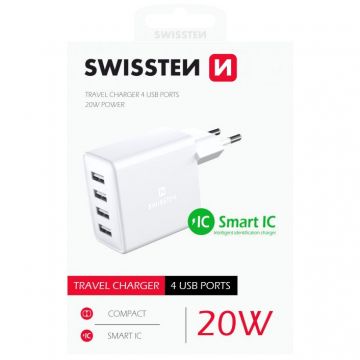Adaptor de rețea SWISSTEN 4x USB, 20W, SMART IC - alb