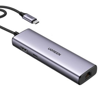 Adaptor multifunctional UGREEN USB C CM512, 2 x USB-A 3.0, 1 x USB-C, 1 x HDMI, 1 x RJ45, 1 x SD, 1 x microSD, Gri