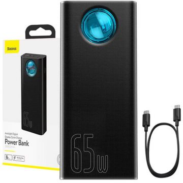 Baterie externa Baseus Amblight 30000 mAh, 4x USB, 1x USB-C, 65W, Black, posibilitate incarcare laptop