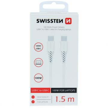 Cablu de date SWISSTEN TPU USB-C / USB-C, PD, 5 A (100 W) 1,5 m - alb