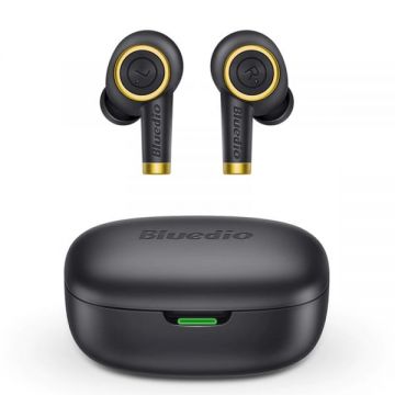 Casti bluetooth semi-in-ear Bluedio Particle cu cutie de incarcare si transport de 650mAh, Microfon, Bluetooth v5.0, VFT, Negru