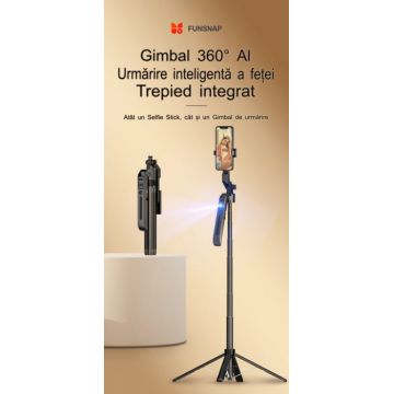 Gimbal inteligent FUNSNAP A6 cu recunoastere AI, urmarire inteligenta la 360 de grade, suport pentru fotografiere mobila, live streaming si anti-vibratii