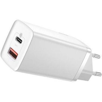 Incarcator retea Baseus GaN2 Lite, Quick Charge 63W, 1x USB, 1x USB-C, White