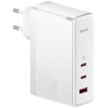 Incarcator retea Baseus GaN5 Pro, 2x USB-C, 1x USB, Quick Charge 140W, White + cablu USB-C