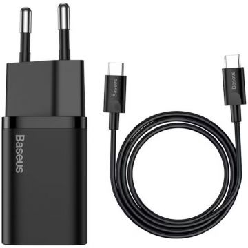 Incarcator retea Baseus Super Si, 1x USB-C, Quick Charge 25W, Black + cablu USB-C