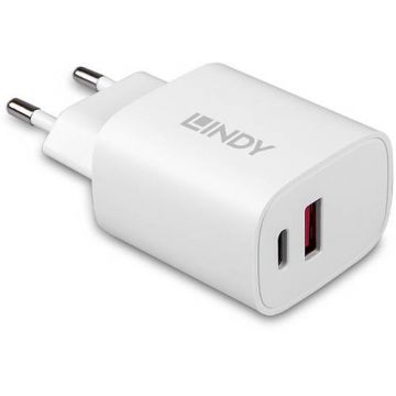 Incarcator retea LINDY 1x USB, 1x USB-C, 20W, White