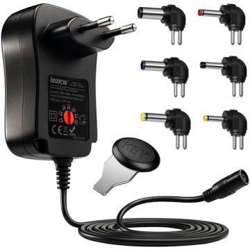 Incarcator universal reglabil 3-12V, USB, 30W, 6 varfuri interschimbabile, iesire 2000 mA, interfata CA, cablu 150 cm, negru