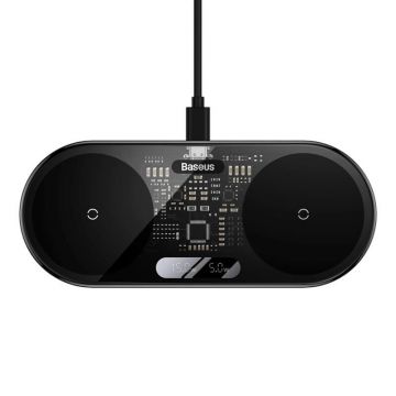Incarcator wireless Baseus Digital LED Display Gen 2, Wireless Qi, 20W, Black, display digital + Cablu USB-C la USB
