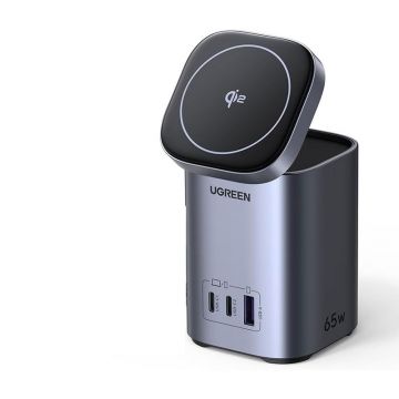 Statie de incarcare 4 in 1 UGREEN 65W 4-in-1 GaN Desktop Fast Charger X555, 2 x USB C, 1 X USB A, Gri
