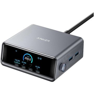 Anker Alimentator retea Anker, Prime, 250W, PowerIQ 4.0, 4 x USB-C, 2 x USB-A, afisaj LCD 2.26 inch, argintiu, A2345341