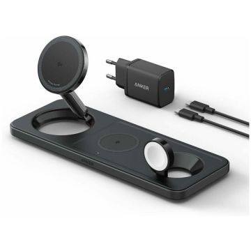 Anker Incarcator wireless pliabil Anker MagGo 3in1 Stand, Qi2, pentru iPhone 15/14/13/12, AirPods, Apple Watch, cu incarcator si cablu USB-C inclus Negru
