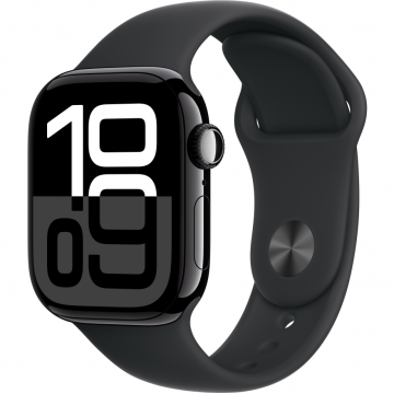 Apple Smartwatch Apple Watch Series 10, Cellular, 42 mm, carcasa Jet Black Alu, curea sport neagra, S-M