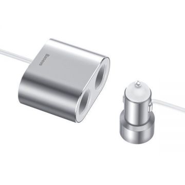 BASEUS Incarcator Auto Baseus High Efficiency, 95W, 2.1A, 2 x Extensie Bricheta - 2 x USB-A, Argintiu CRDYQ-0S