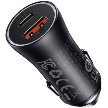 BASEUS Incarcator auto, Baseus, USB + USB-C, 60 W, Gri