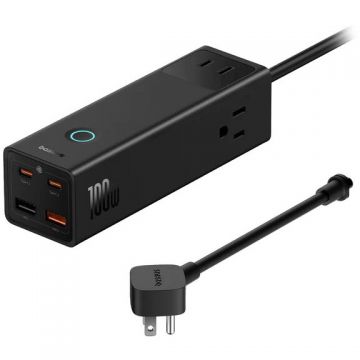 BASEUS Incarcator Baseus PowerCombo Pro Powerstrip, pentru USA 110V, Quick Charge 100W, 3 x AC, 2 x USB Type-C Output 5V/3A, 2 x USB, lungime cablu 1.5m, negru