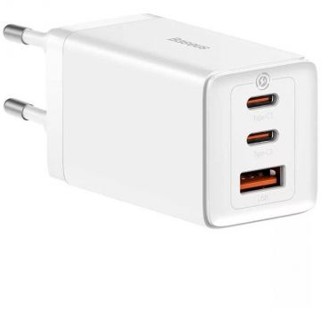 BASEUS Incarcator de retea Baseus GaN5 Pro, 2 porturi USB C si 1 port USB, Cablu USB C la USB C, 65W, Alb