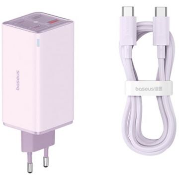 BASEUS INCARCATOR RETEA Baseus GaN6 Pro, Quick Charge 100W, 2 x USB Type-C Output 5V-3A, 2xUSB, include cablu USB Type-C la USB Type-C de 100W, Mov, P10162705532-00