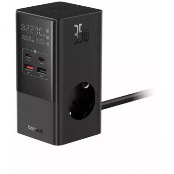 BASEUS Incarcator retea Baseus PowerCombo, cu prelungitor, 35 W, 3x AC, 2x USB-C, 2x USB-A, 1.5m, Negru