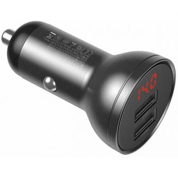 BASEUS Set incarcator auto, Baseus Digital Display, IMK-TZCCBX-0G, 2 porturi USB, Quick Charge, SCP, 24W, Afisaj tensiune, Negru, Cablu de date 3 in 1 inclus