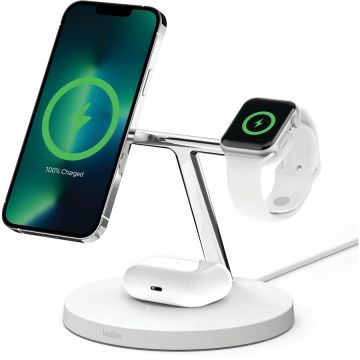 Belkin Incarcator Wireless 3-in-1 Belkin Boost Charge Pro, 15W, MagSafe, Stand, AirPods, Apple Watch + Adaptor AC, Alb